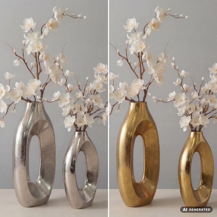 FineBuy Dekovase 2er Set Metall - Design Blumenvase Groß - Metallvase Modern - Standvase für Blumen und Trockenblumen Hoch - Wohnzimmer Deko - Wohndeko Handmade