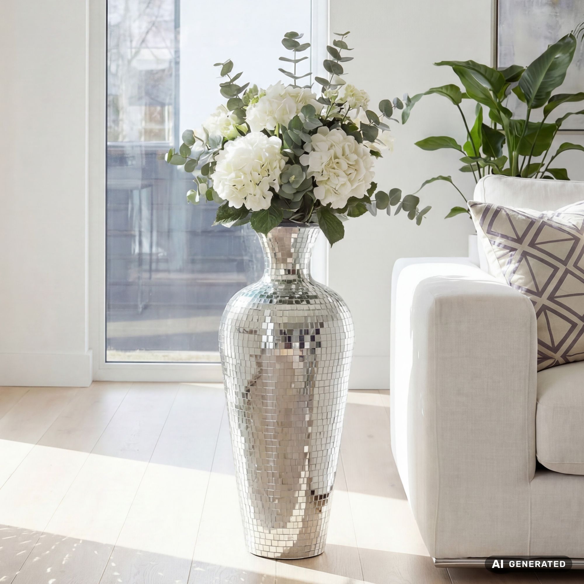 Vase Aluminium Silber Blumenvase Bodenvase Wohndeko Groß Rund Dekovase Handmade – Ansicht 1