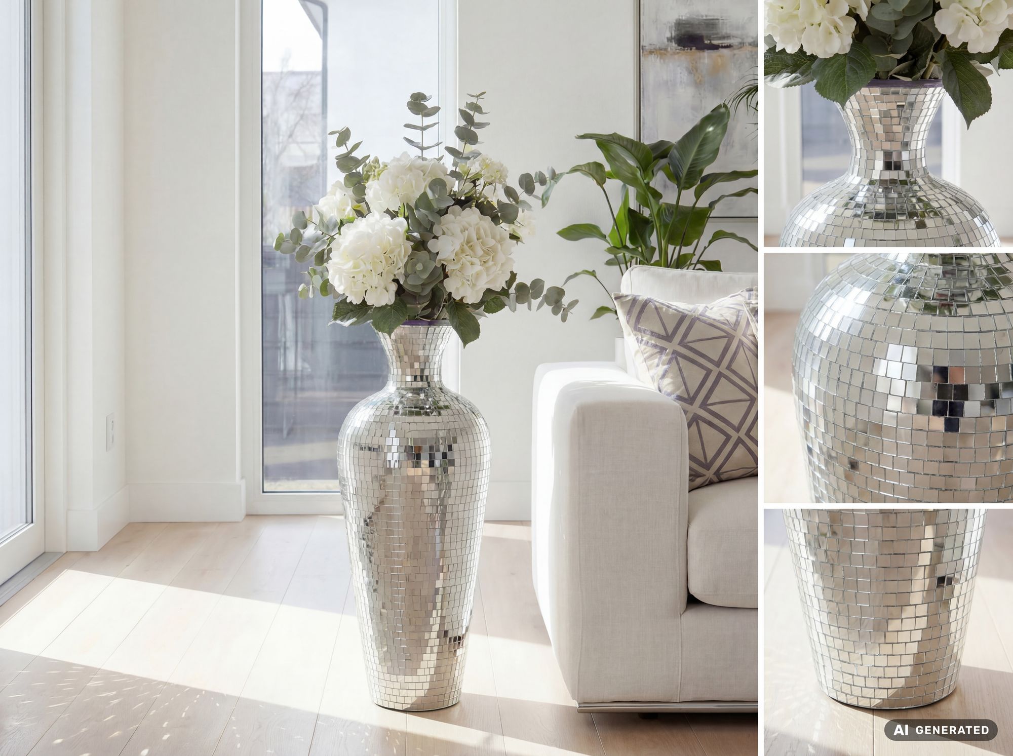 Vase Aluminium Silber Blumenvase Bodenvase Wohndeko Groß Rund Dekovase Handmade – Ansicht 5