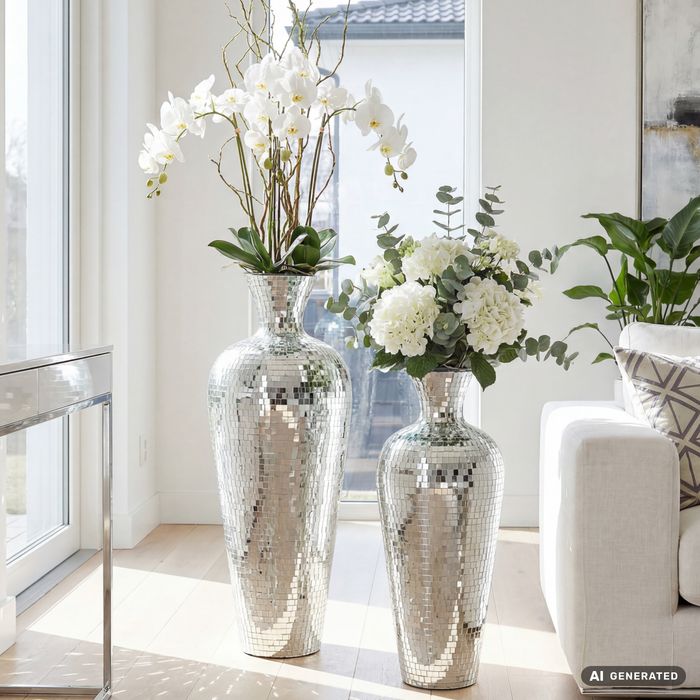 FineBuy Bodenvase Aluminium Silber - Blumenvase Groß - Metallvase im Discokugel Design Modern - Dekovase rund für Trockenblumen - XL Standvase Hoch - Wohnzimmer Deko - Wohndeko Handmade