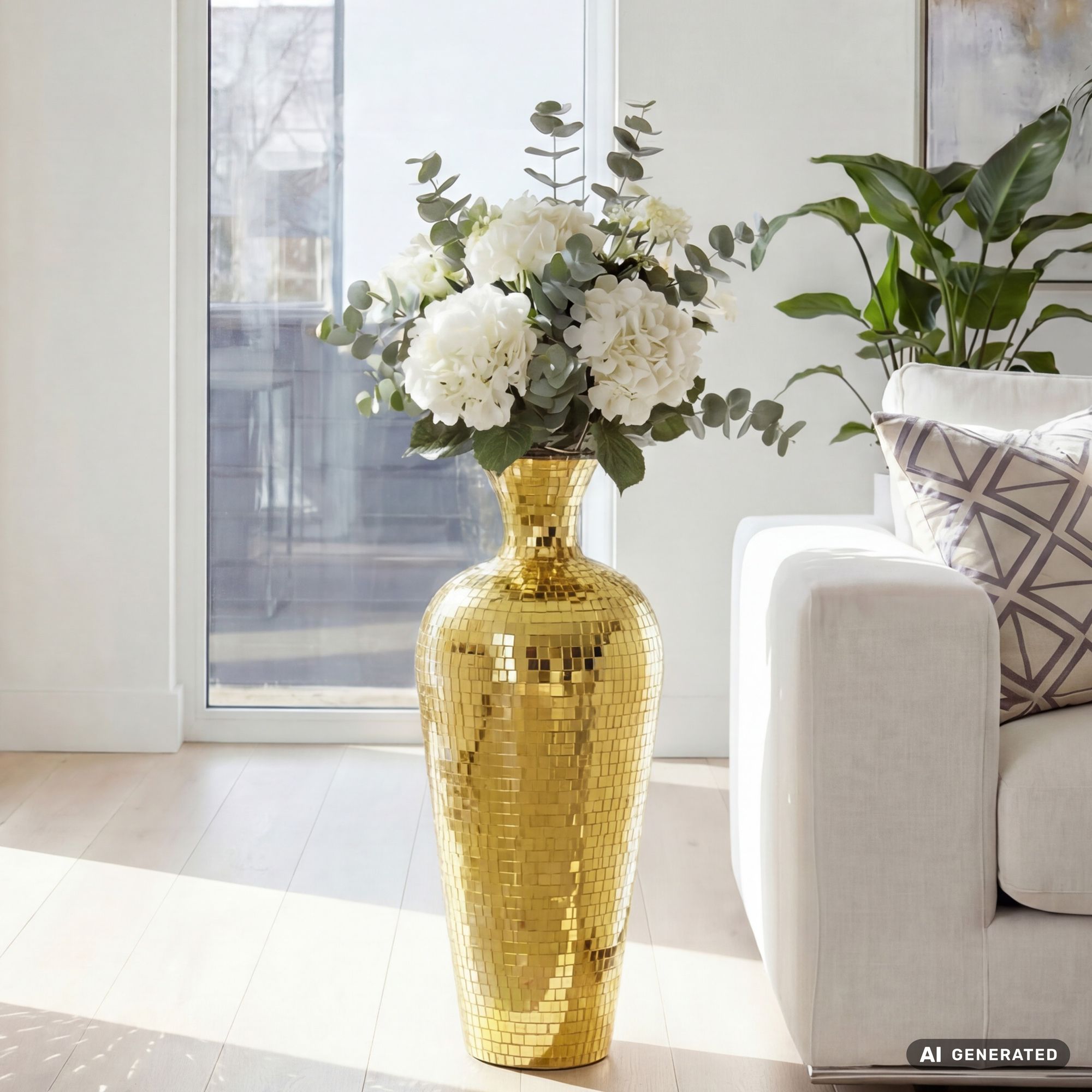 FineBuy Bodenvase Aluminium Gold - Blumenvase Groß - Metallvase im Discokugel Design Modern - Dekovase rund für Trockenblumen - XL Standvase Hoch - Wohnzimmer Deko - Wohndeko Handmade