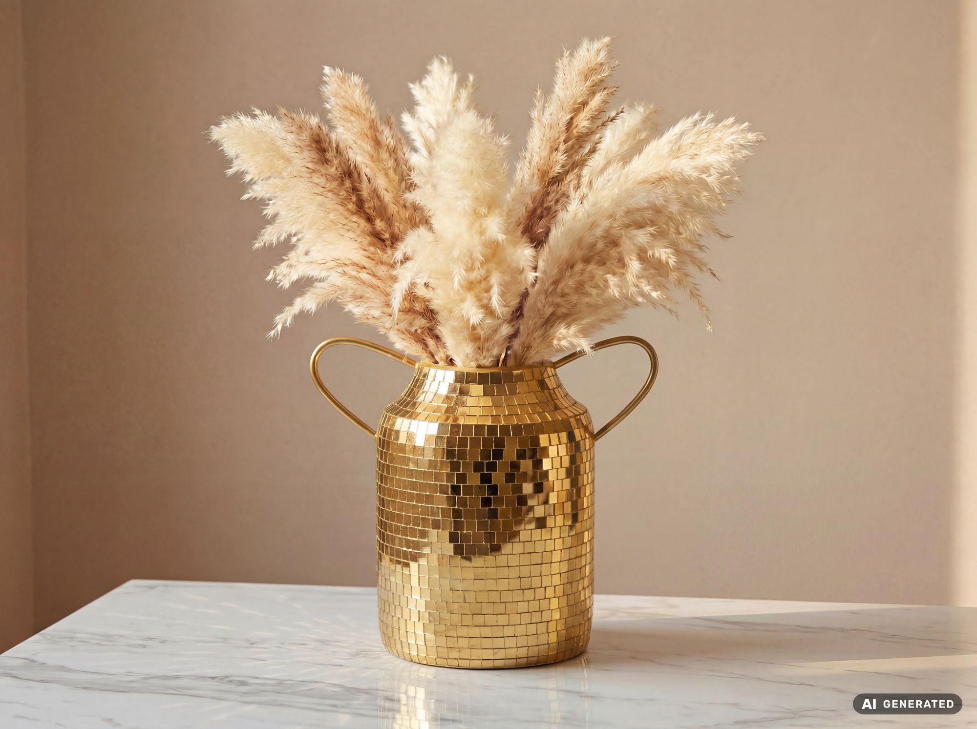 Goldene Tischvase Aluminium 32 cm mit Henkel und Mosaik-Facetten
