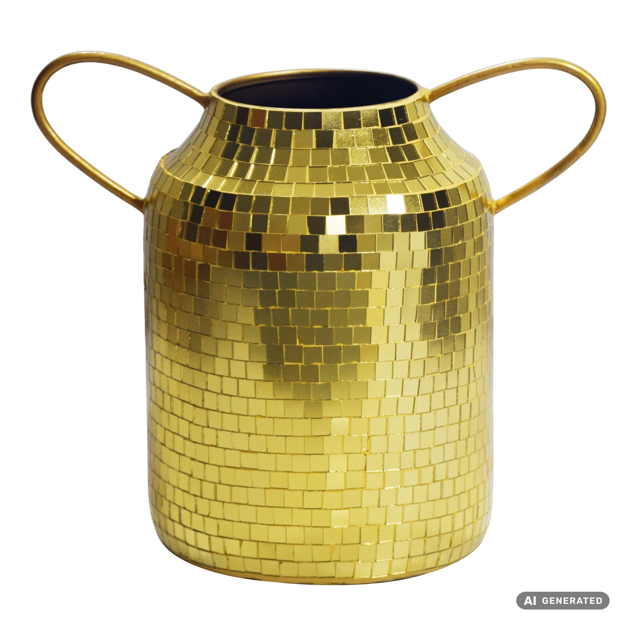 FineBuy Tischvase Aluminium 32cm - Blumenvase mit Henkel - Metallvase im Discokugel Design Modern - Dekovase rund für Trockenblumen - Alu Standvase Vase Hoch - Wohndeko Handmade