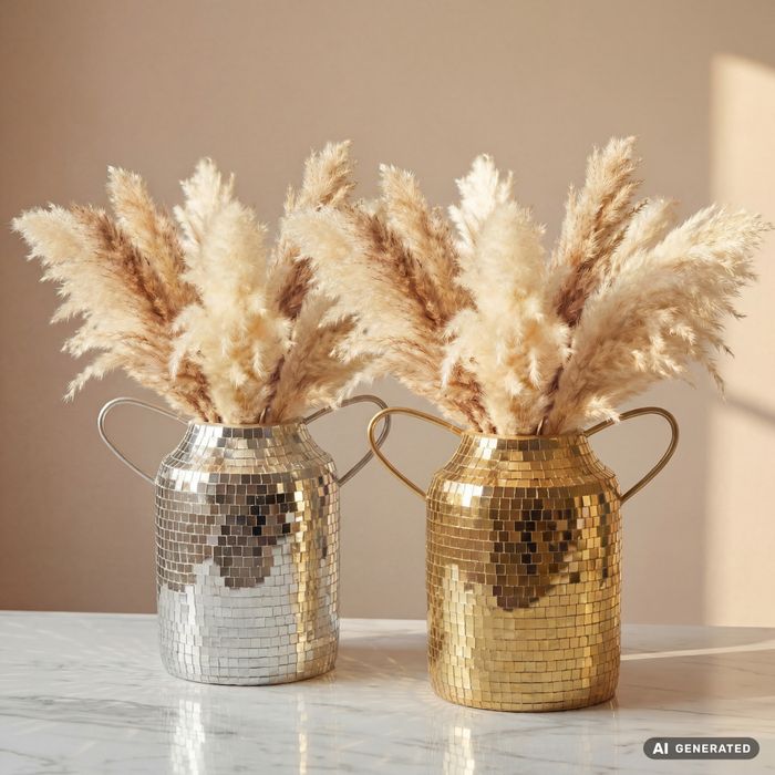 FineBuy Tischvase Aluminium 32cm - Blumenvase mit Henkel - Metallvase im Discokugel Design Modern - Dekovase rund für Trockenblumen - Alu Standvase Vase Hoch - Wohndeko Handmade
