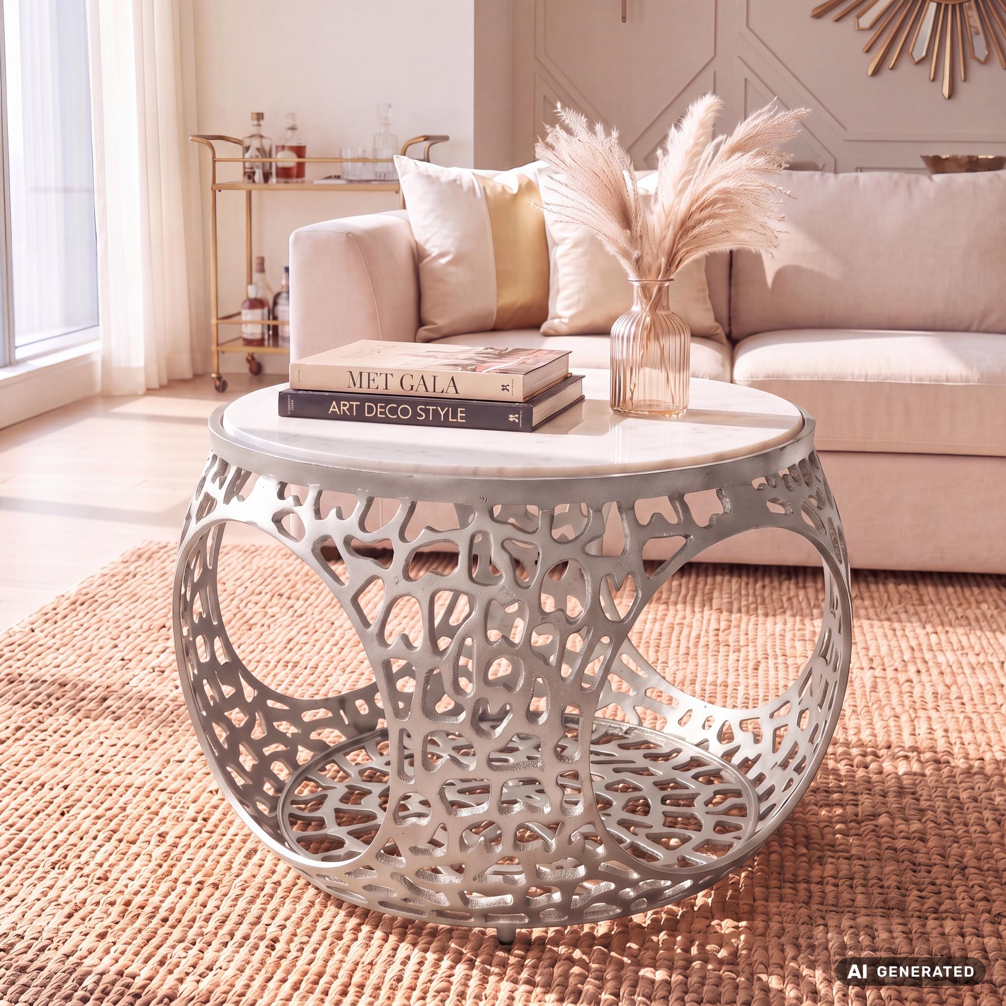 FineBuy Couchtisch 60cm Aluminium mit weißer Marmor Tischplatte - Runder Wohnzimmertisch mit Stauraum - Design Sofatisch - Moderner Loungetisch - Edler Beistelltisch Wohnzimmer Handgefertigt