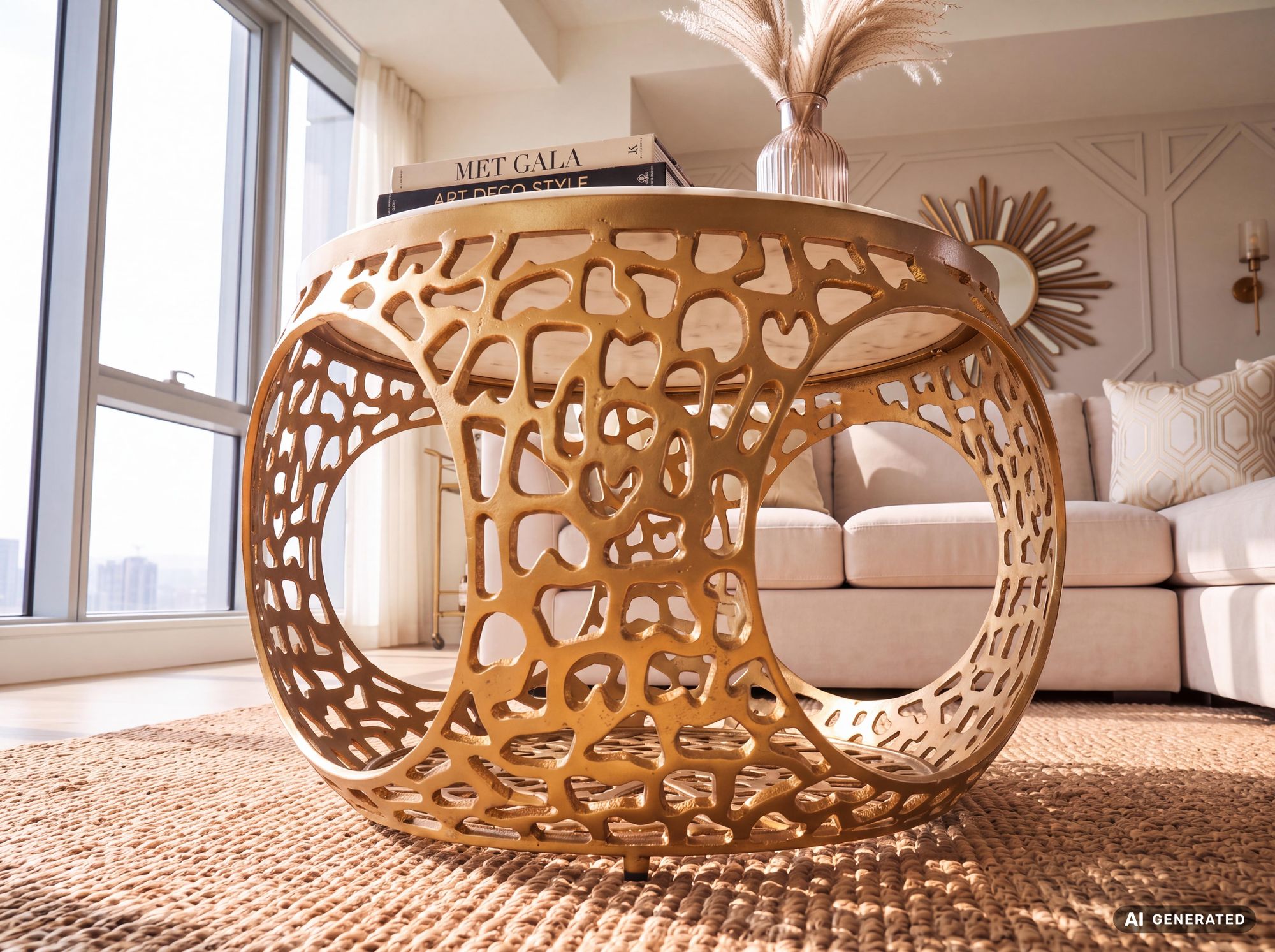 Couchtisch mit Marmor Platte weiß Wohnzimmertisch Stauraum Metall rund 60cm – Ansicht 5