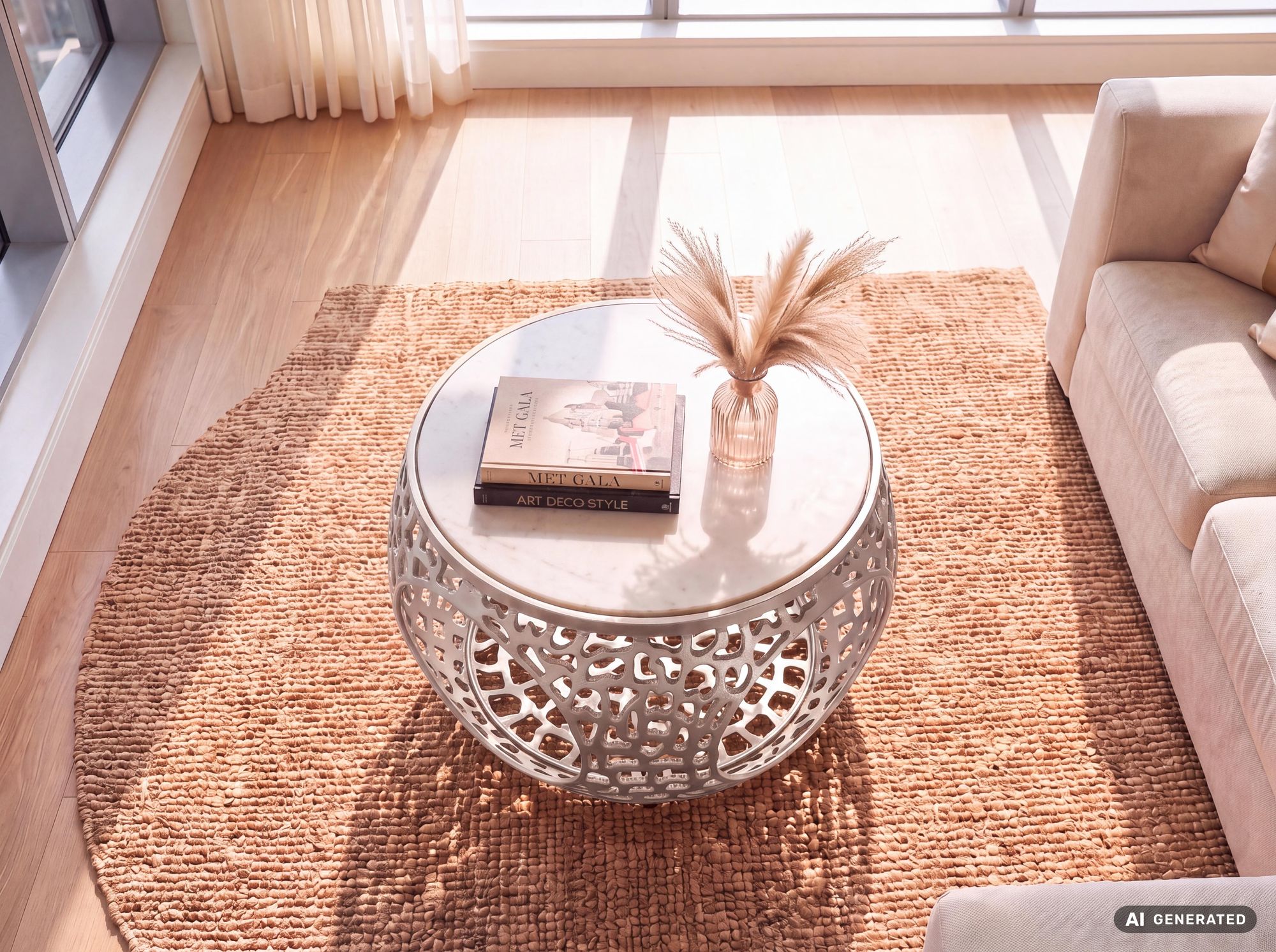Couchtisch mit Marmor Platte weiß Wohnzimmertisch Stauraum Metall rund 60cm – Ansicht 4