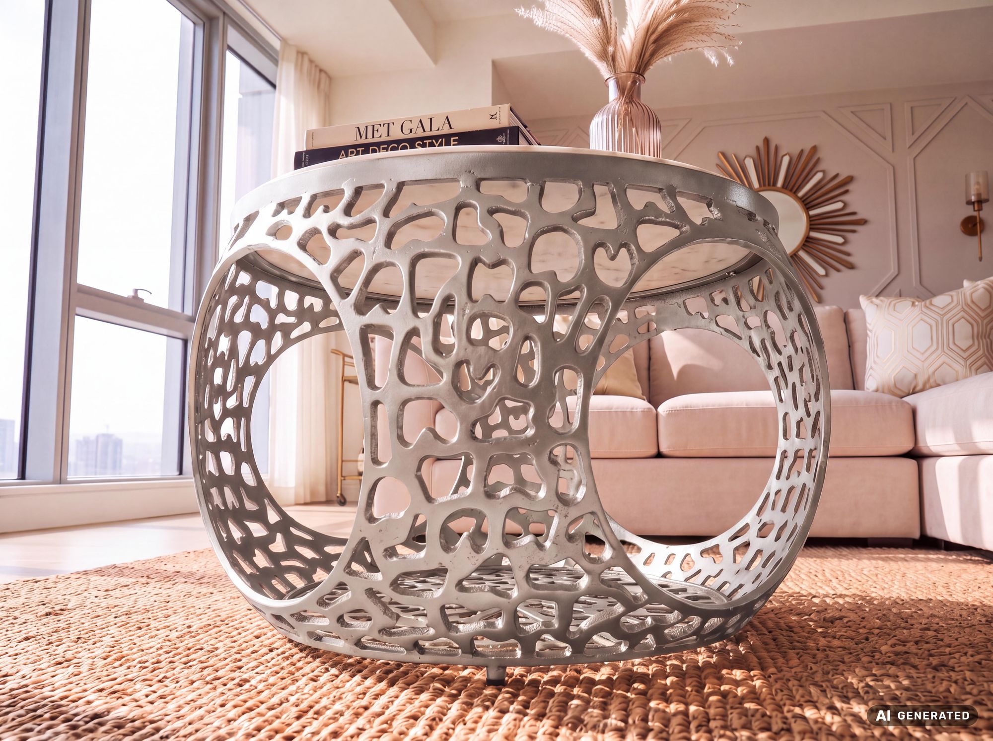 Couchtisch mit Marmor Platte weiß Wohnzimmertisch Stauraum Metall rund 60cm – Ansicht 5