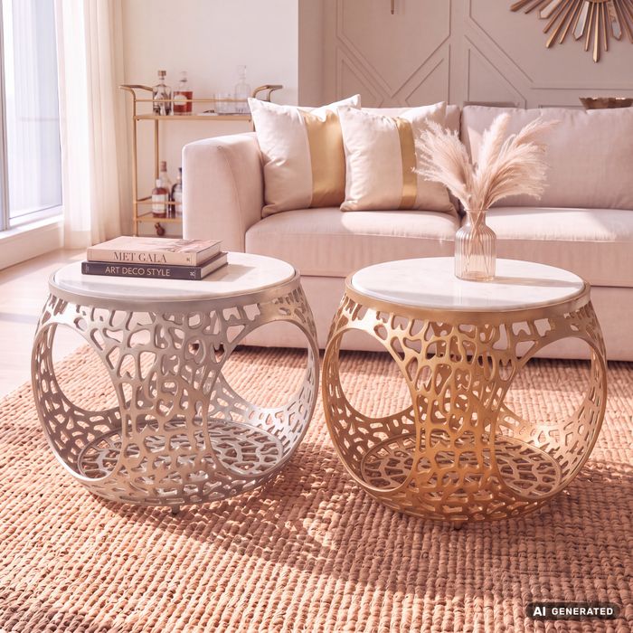FineBuy Couchtisch 60cm Aluminium mit weißer Marmor Tischplatte - Runder Wohnzimmertisch mit Stauraum - Design Sofatisch - Moderner Loungetisch - Edler Beistelltisch Wohnzimmer Handgefertigt