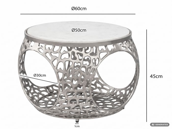 Couchtisch mit Marmor Platte weiß Wohnzimmertisch Stauraum Metall rund 60cm – Maßzeichnung