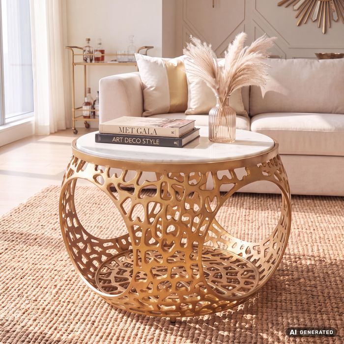 Couchtisch mit Marmor Platte weiß Wohnzimmertisch Stauraum Metall rund 60cm