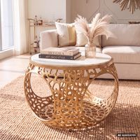 Couchtisch mit Marmor Platte weiß Wohnzimmertisch Stauraum Metall rund 60cm – Ansicht 1