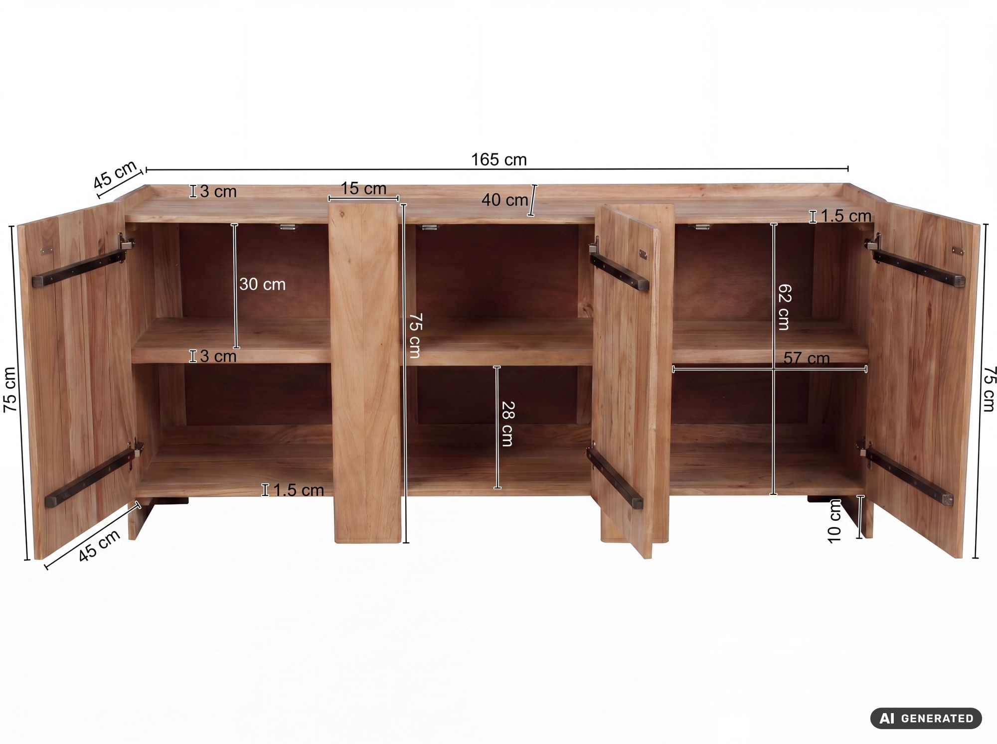 Sideboard Akazie Massivholz 165cm Anrichte Kommode 3 Türen Wohnzimmer Handmade – Ansicht 3