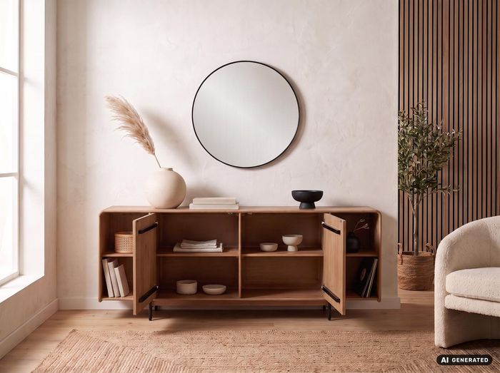 FineBuy Sideboard Mango Massivholz 180cm - Anrichte mit 2 Türen und Regal - Kommode modernes Design - Schrank Holzkommode Handmade