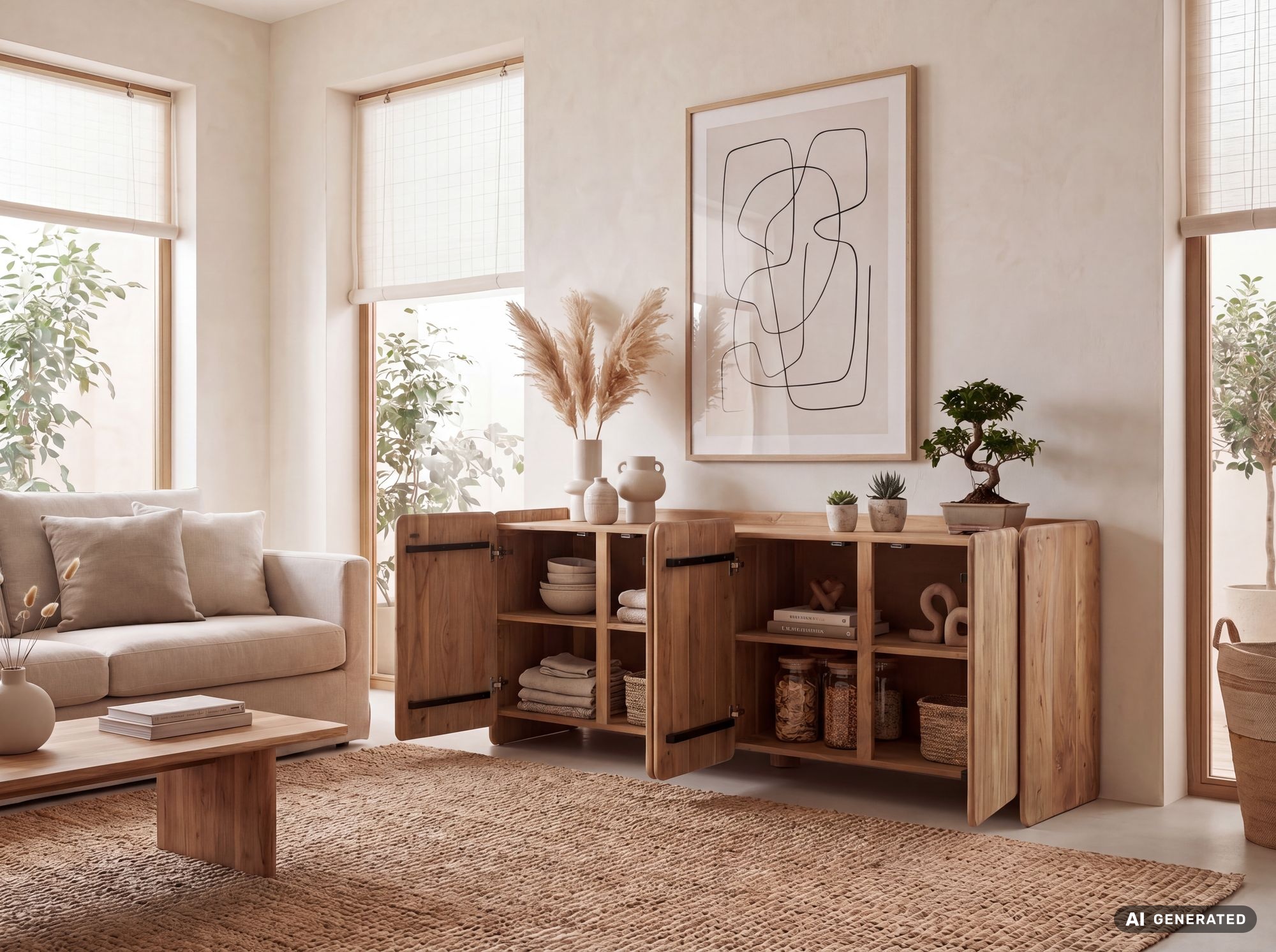 Sideboard Akazie Massivholz 180cm Anrichte Kommode 4 Türen Holzkommode Handmade – Ansicht 2