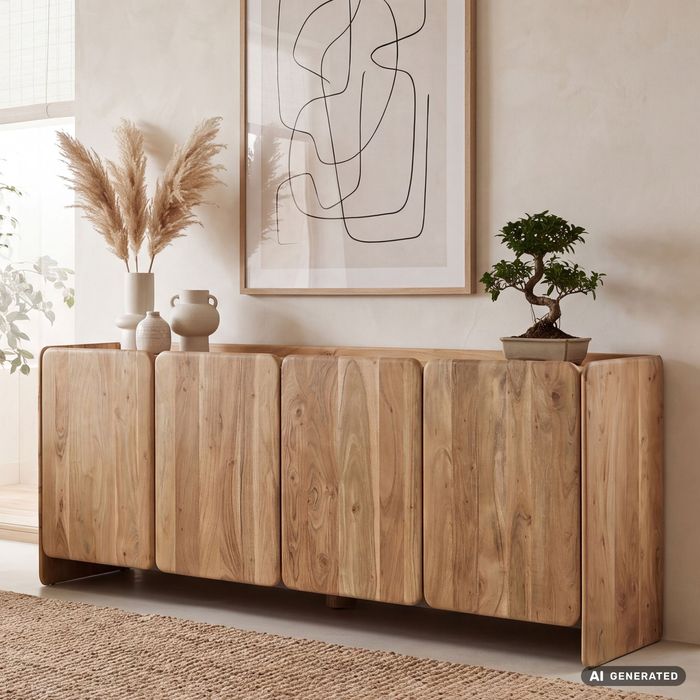 FineBuy Sideboard Akazie Massivholz 180cm - Anrichte mit 4 Türen - Kommode modernes Design - Schrank Holzkommode Handmade