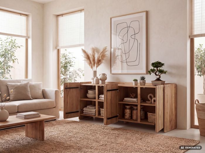FineBuy Sideboard Akazie Massivholz 180cm - Anrichte mit 4 Türen - Kommode modernes Design - Schrank Holzkommode Handmade
