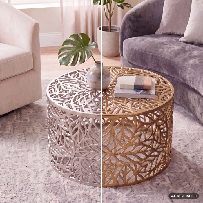 FineBuy Couchtisch Aluminium 60cm Rund Sofatisch Metall - Wohnzimmertisch Alu modern mit Blattmuster - Design Tisch niedrig - Loungetisch Beistelltisch Handgefertigt
