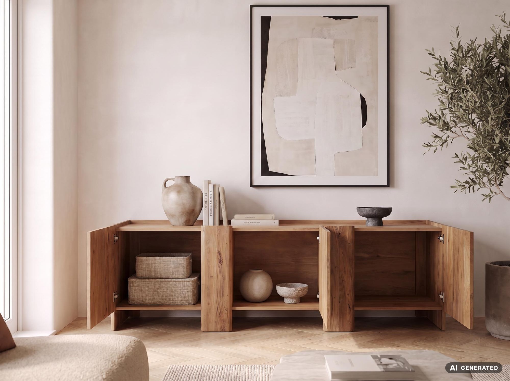 Sideboard Akazie Massivholz 165cm Anrichte Kommode 3 Türen Holzkommode Handmade – Ansicht 2