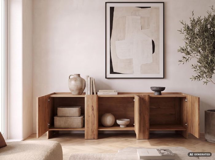 FineBuy Sideboard Akazie Massivholz 165cm - Anrichte niedrig mit 3 Türen - Kommode modernes Design - Schrank Holzkommode Handmade