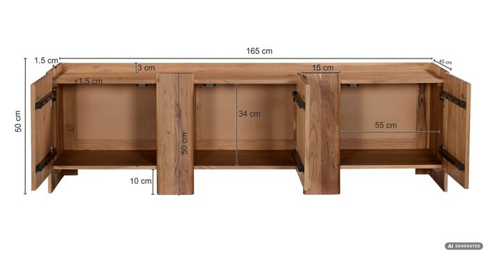 TV Board Kommode Lowboard Fernsehschrank Massivholz 165cm Fernsehtisch mit Türen – Maßzeichnung