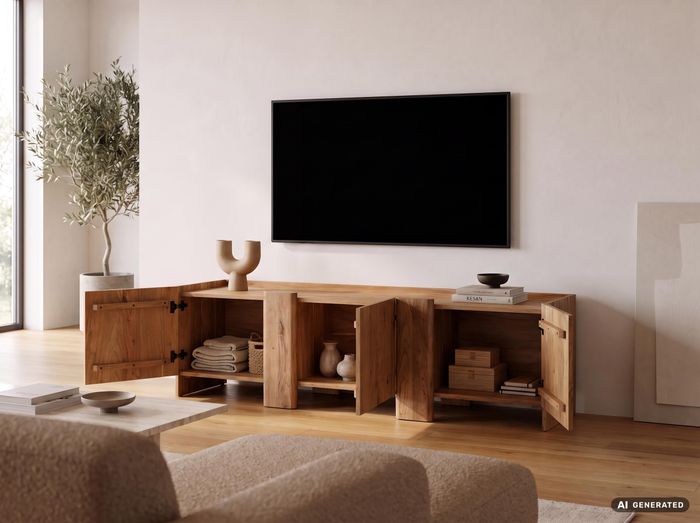 FineBuy Lowboard 165cm TV Kommode Akazie Massivholz Rechteckig mit 3 Türen - Design TV Schrank - Moderner Fernsehtisch Fernsehschrank - Fernsehkommode Wohnzimmer Handmade