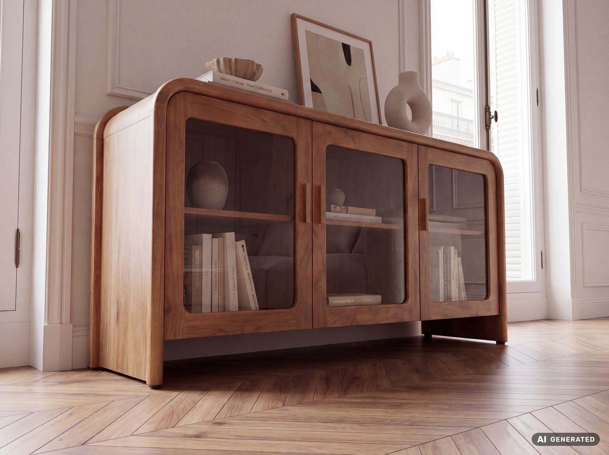 Sideboard Mango Massivholz 160cm Anrichte Kommode 3 Glas Türen Holzkommode Groß – Ansicht 5