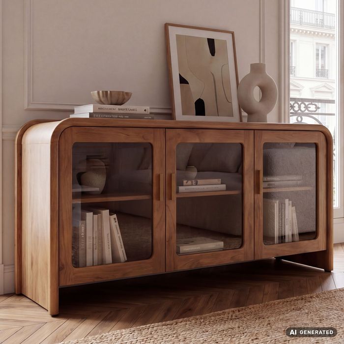 FineBuy Sideboard Mango Massivholz 160cm - Anrichte mit 3 Türen aus Glas - Kommode modernes Design - Schrank Holzkommode Handmade