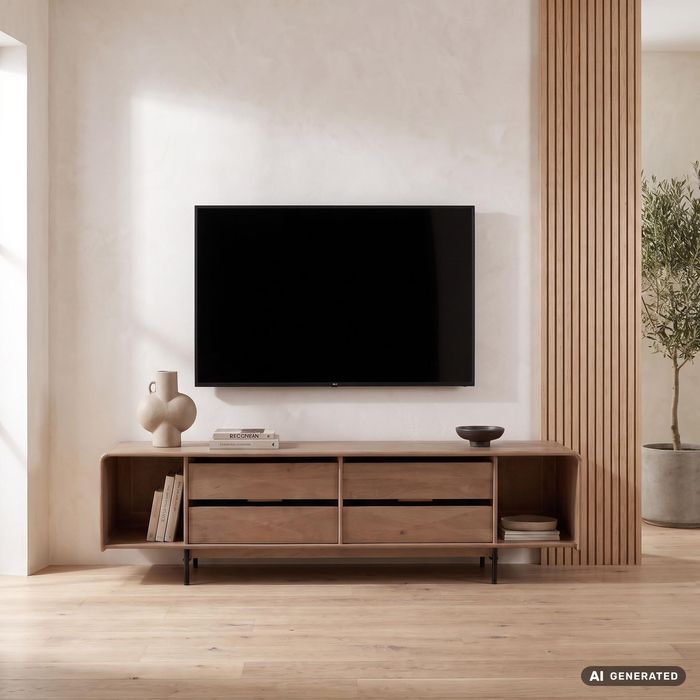 FineBuy Lowboard 180cm TV Kommode Mango Massivholz Rechteckig mit 4 Schubladen - Design TV Schrank - Moderner Fernsehtisch Fernsehschrank - Fernsehkommode Wohnzimmer Handmade