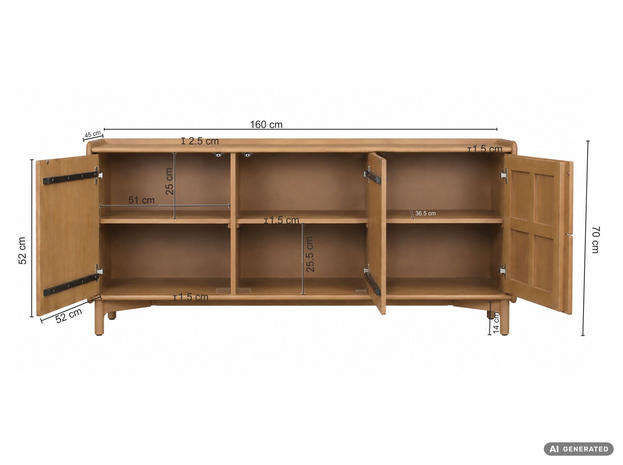 Sideboard Mango Massivholz 160cm Anrichte Kommode 3 Türen Holzkommode Handmade – Ansicht 3