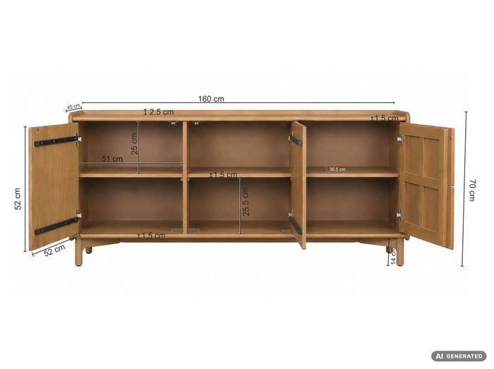 Sideboard Mango Massivholz 160cm Anrichte Kommode 3 Türen Holzkommode Handmade – Maßzeichnung