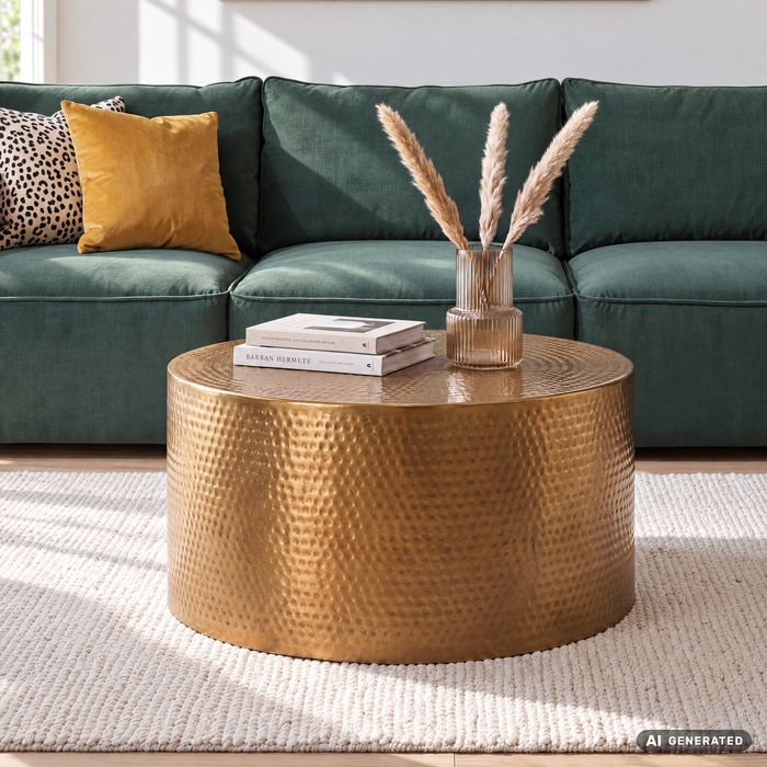 Couchtisch rund 60 cm Gold Alu Hammerschlag Sofatisch Wohnzimmertisch Metall