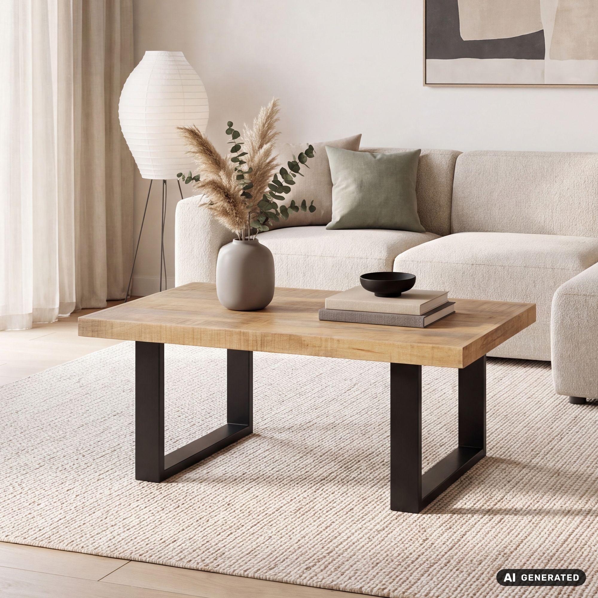 FineBuy Couchtisch Mango Massivholz 100x60cm, Wohnzimmertisch Industrial Design, Sofatisch Holz mit Metallgestell in U-Form schwarz, rechteckig handgefertigt