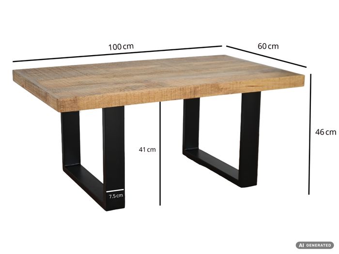 Couchtisch Wohnzimmertisch Mango Massivholz 100x60cm Sofatisch Industrial Design – Maßzeichnung