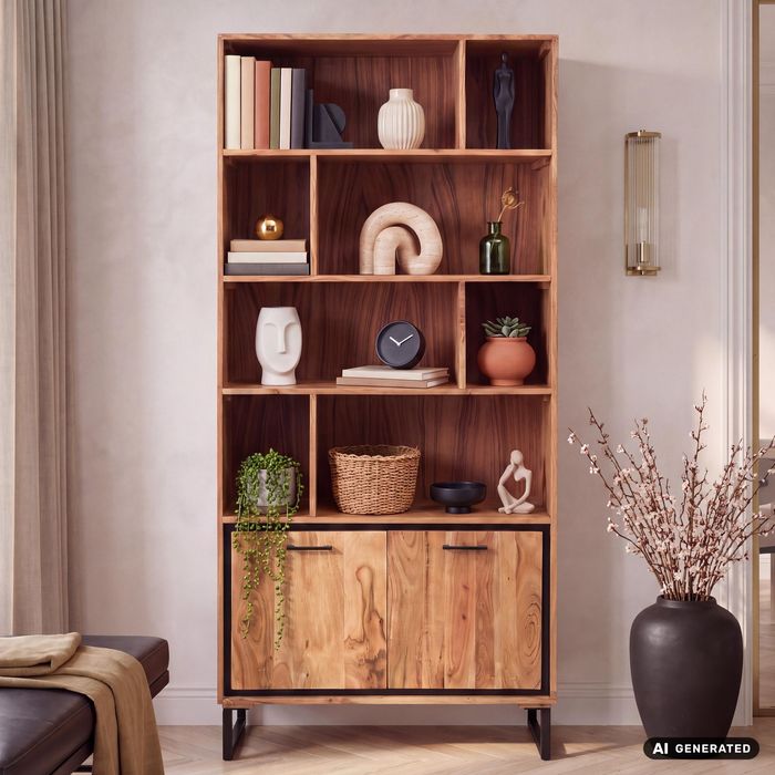 FineBuy Bücherregal Akazie Massivholz 195 cm, Standregal mit 8 offenen Fächern und 2 Türen, Regal Holz Metall, Wohnzimmerregal hoch, Stauraumregal Wohnregal groß, Dekoregal handgefertigt