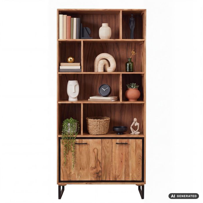 FineBuy Bücherregal Akazie Massivholz 195 cm, Standregal mit 8 offenen Fächern und 2 Türen, Regal Holz Metall, Wohnzimmerregal hoch, Stauraumregal Wohnregal groß, Dekoregal handgefertigt