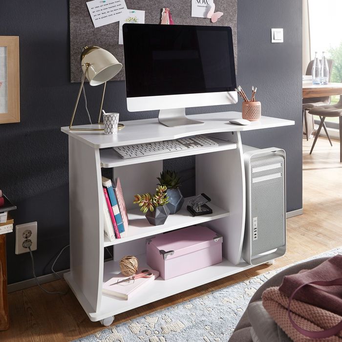 FineBuy Computertisch GRASSE rollbar Weiß 90 x 71 x 50 cm mit Tastaturauszug, Laptop Tisch auf feststellbaren Rollen, PC-Tisch mit Drucker-Ablage platzsparend, Schreibtisch für kleine Räume 4250950201798