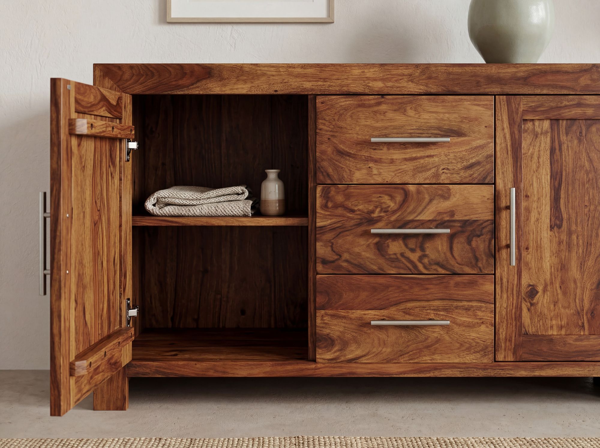 Massivholz Sideboard 120cm Sheesham Kommode mit 2 Türen & 3 Schubladen Modernes Design – Ansicht 4