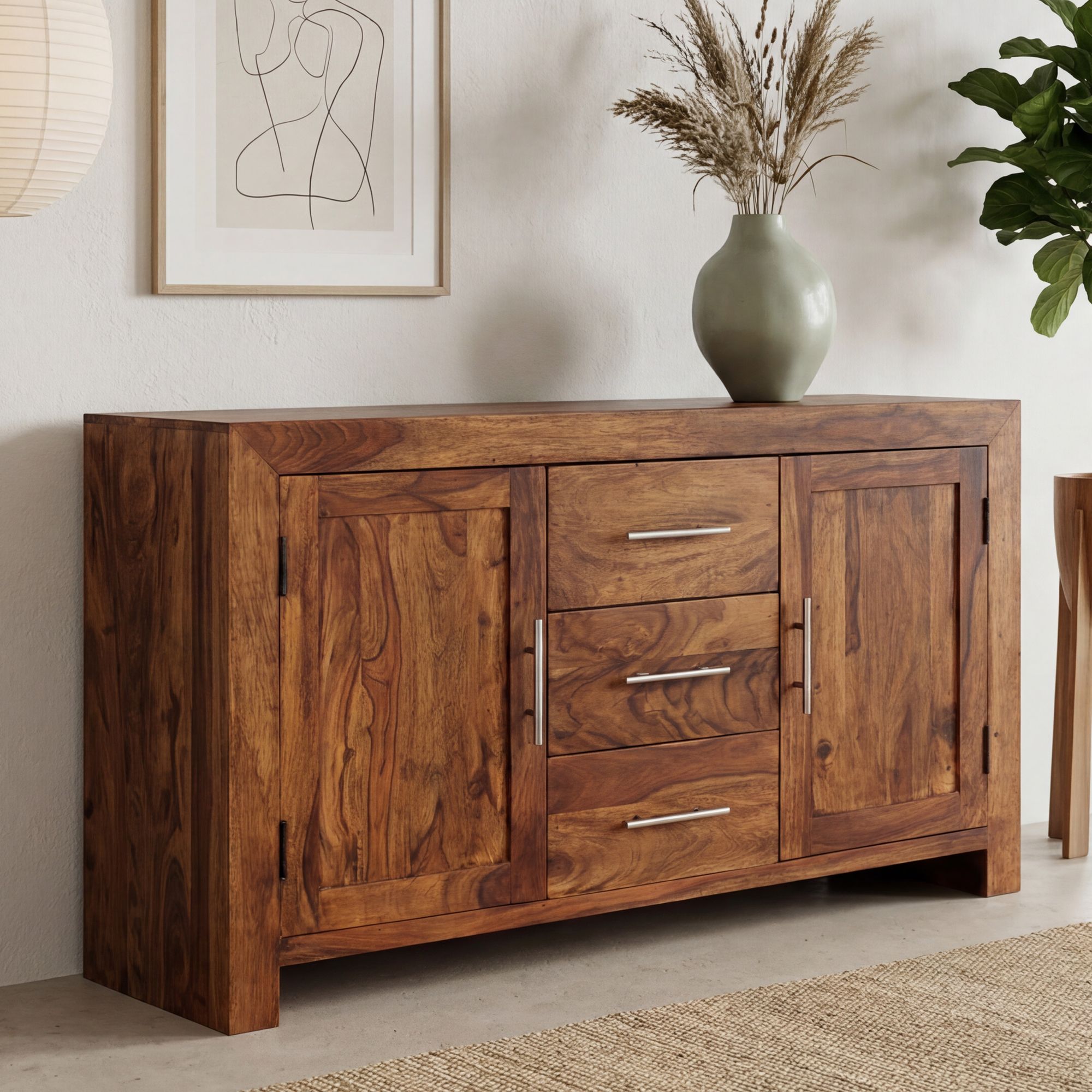 Massivholz Sideboard 120cm Sheesham Kommode mit 2 Türen & 3 Schubladen Modernes Design – Ansicht 1