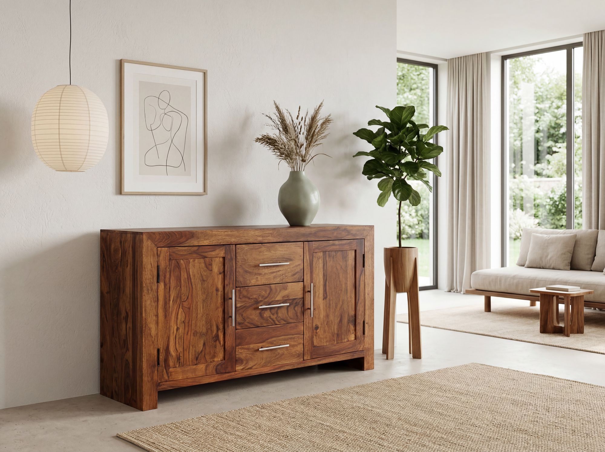 Massivholz Sideboard 120cm Sheesham Kommode mit 2 Türen & 3 Schubladen Modernes Design – Ansicht 5