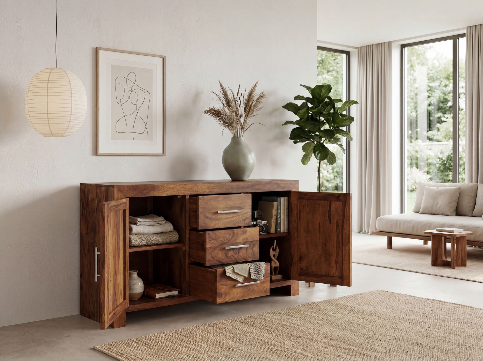 Massivholz Sideboard 120cm Sheesham Kommode mit 2 Türen & 3 Schubladen Modernes Design – Ansicht 2