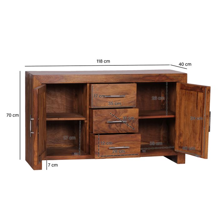 Massivholz Sideboard 120cm Sheesham Kommode mit 2 Türen & 3 Schubladen Modernes Design – Maßzeichnung