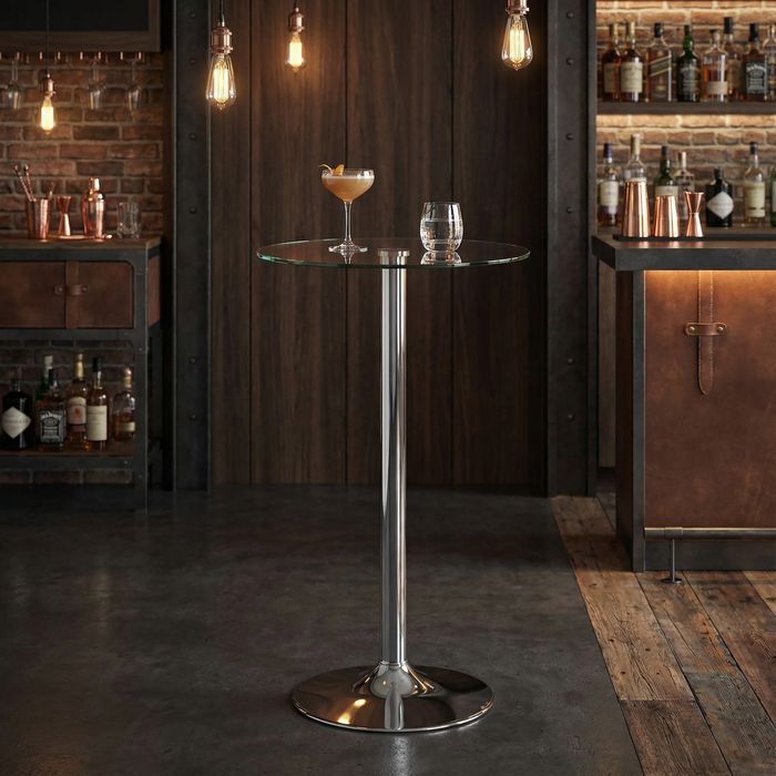 FineBuy Stehtisch 60x60x105 cm Rund Bartisch Sicherheitsglas Bistrotisch Silber, Moderner Tisch für Bar, Design Partytisch Metall, Hochtisch Messetisch Chrom