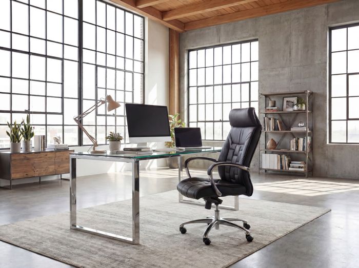 FineBuy Bürostuhl Echtleder schwarz Schreibtischstuhl bis 120kg X-XL Wippfunktion Chefsessel Armlehnen Drehstuhl