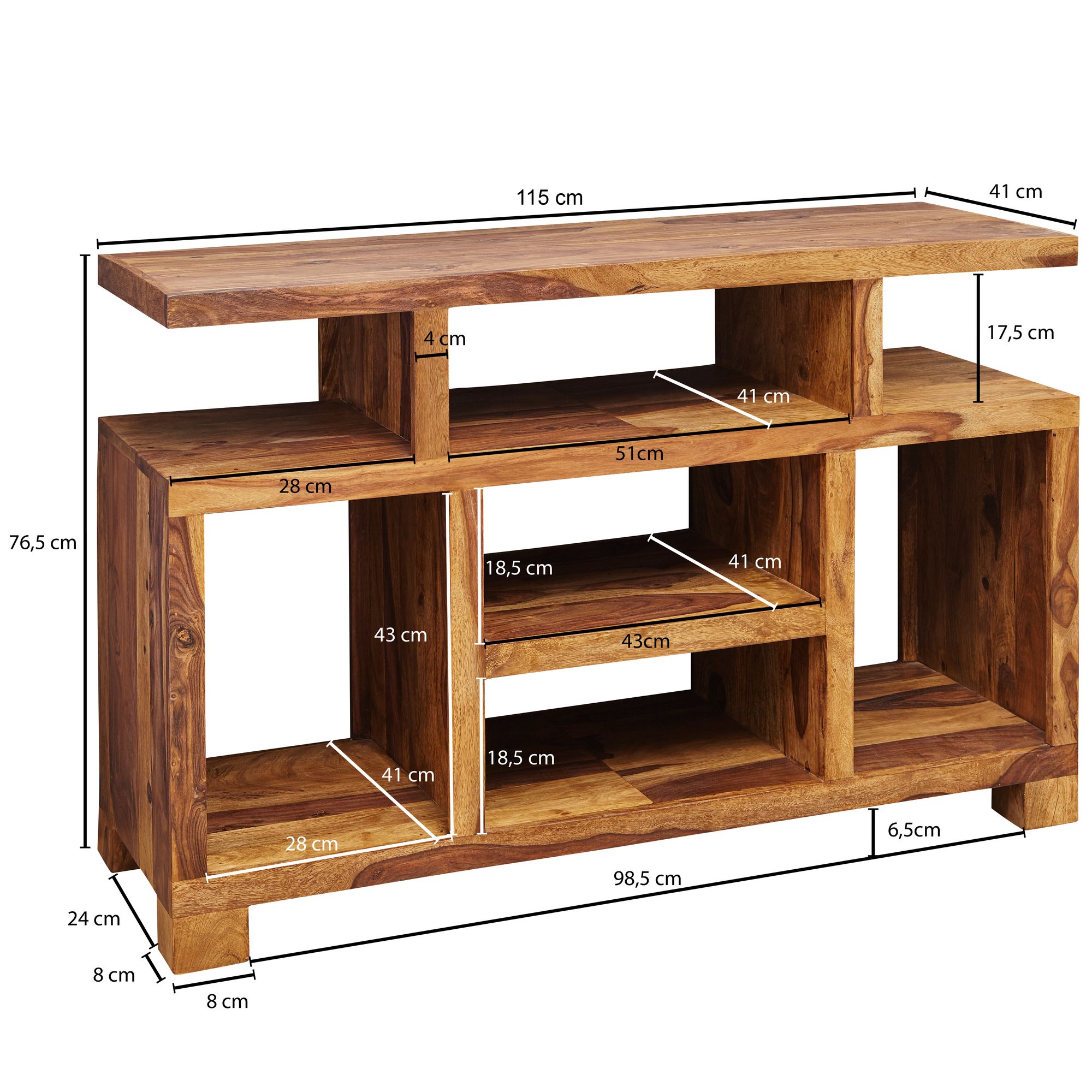 Massivholz Sideboard 115cm Sheesham Natur Kommode mit viel Ablage Fernsehkommode TV Schrank für Fernseher – Ansicht 3