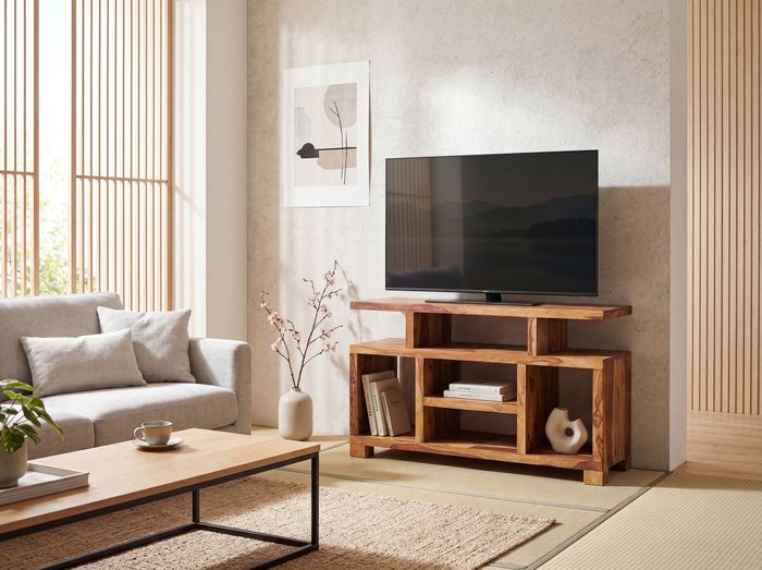 FineBuy Sideboard Sheesham Massivholz 115 x 76 x 40 cm Landhaus-Stil, Fernseh-Kommode mit Staufächern, TV-Schrank Anrichte Echt-Holz mit 4 Standbeinen