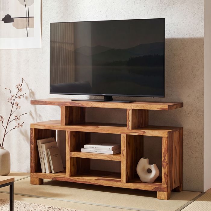 Massivholz Sideboard 115cm Sheesham Natur Kommode mit viel Ablage Fernsehkommode TV Schrank für Fernseher