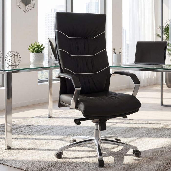 FineBuy Bürostuhl Echt-Leder schwarz Schreibtischstuhl, Chefsessel mit Kopfstütze & Multiblockmechanik, Design Drehstuhl verstellbar, Schreibtisch-Stuhl hohe Rückenlehne