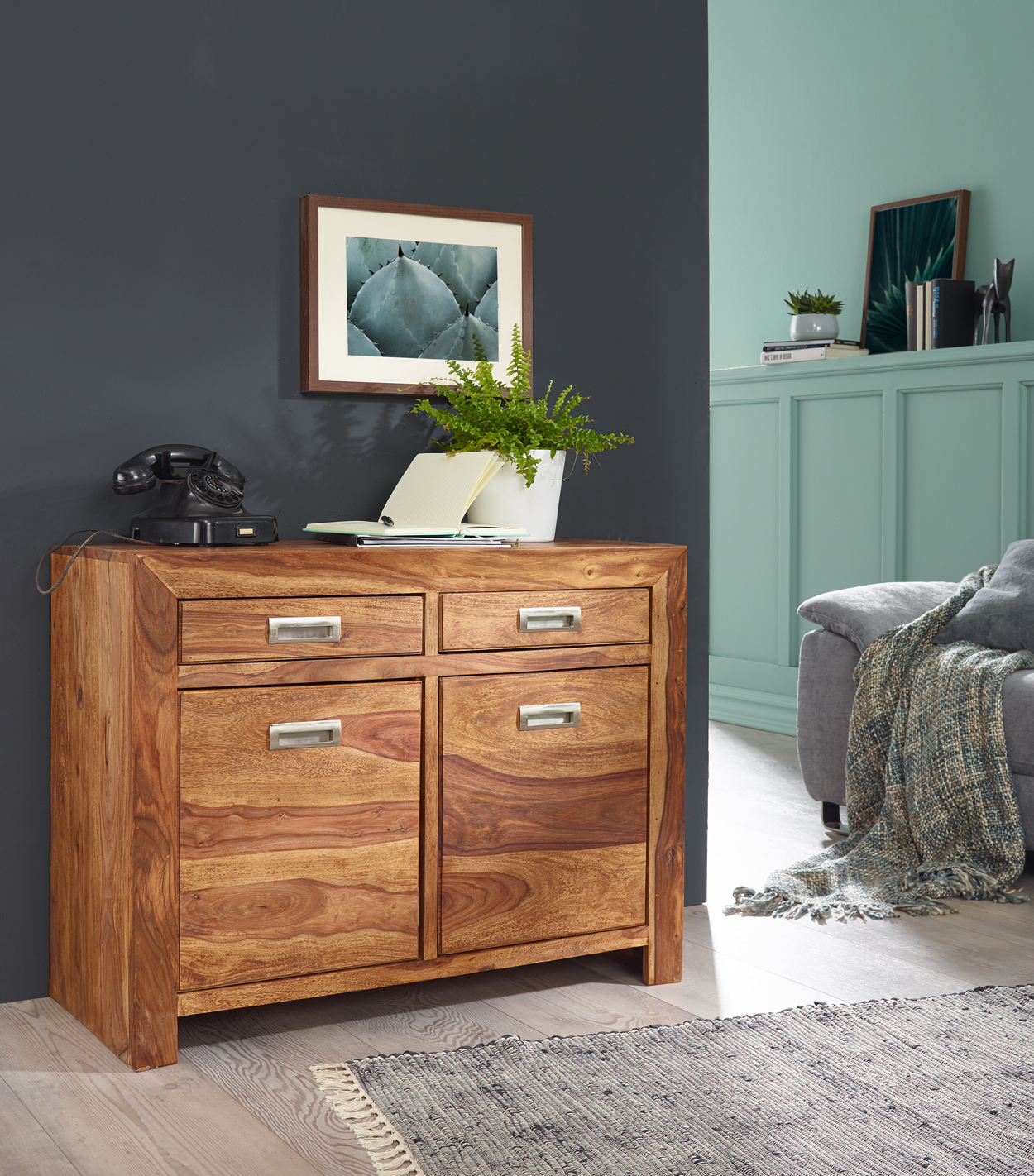 Massivholz Sideboard 90cm Sheesham Kommode mit 2 Türen & 2 Schubladen Landhaus Style – Ansicht 4