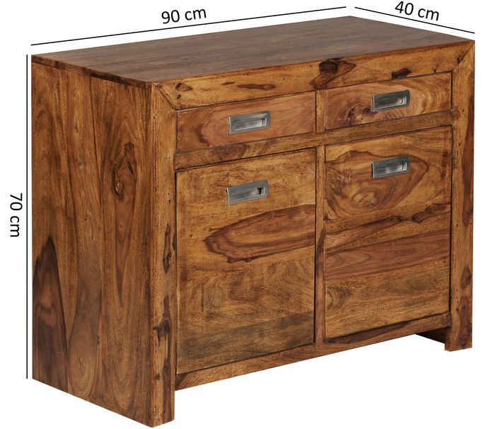 Massivholz Sideboard 90cm Sheesham Kommode mit 2 Türen & 2 Schubladen Landhaus Style – Maßzeichnung